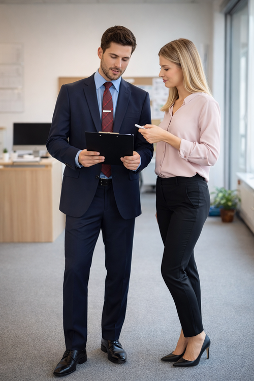 Carlo Lusso navy suit: poly blend, fitted, two-button jacket with notch lapel and single vent. Flat-front, straight-cut trousers. Deep navy color, smooth, structured fabric.
