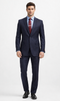 Carlo Lusso navy suit: tailored fit, poly blend. Includes a two-button blazer with notched lapel, two pockets, and a single vent. Straight-leg trousers. Classic design, solid navy.
