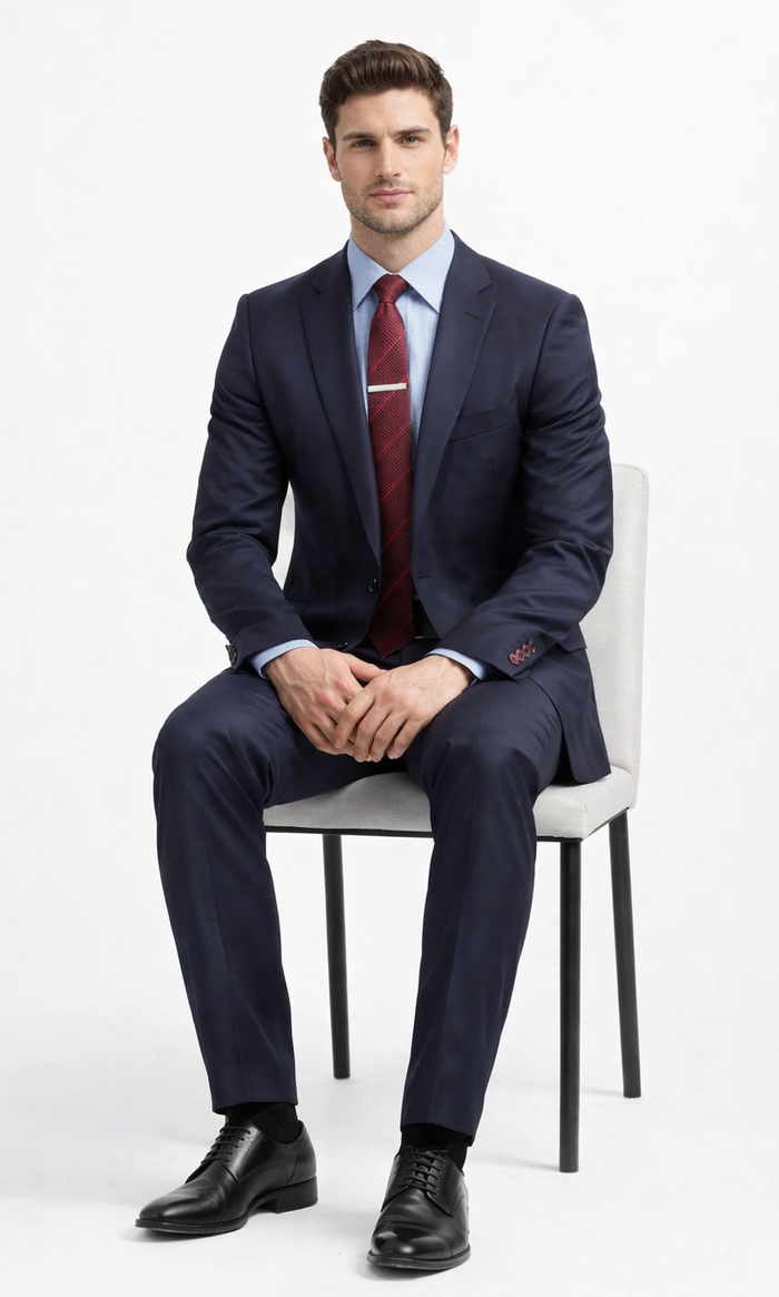 Carlo Lusso navy two-button suit with tailored fit. Poly blend, structured blazer, straight-leg trousers. Deep navy, smooth finish. Includes light blue dress shirt. No patterns on trousers.
