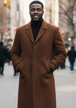 Men's black single-breasted topcoat with tailored silhouette, notched lapels, and side pockets. Smooth, solid black fabric. Straight-cut hem, full-length.
