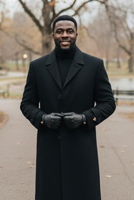 Charcoal men's full-length top coat with a tailored silhouette. Features a notched collar, button closure, and long sleeves with cuff detailing. Crafted from smooth, dark fabric. Clean design.
