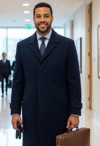 Men's navy topcoat. Single-breasted, full-length with a tailored fit & straight silhouette. Features a notched collar, two front pockets, and solid navy fabric.
