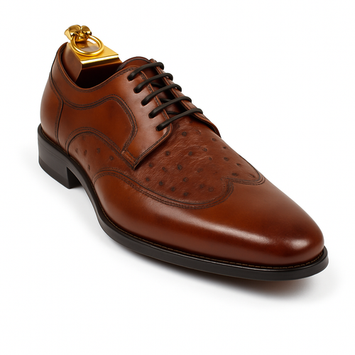 Mens Carrucci Ostrich Embossed Leather Wingtip Dress Shoe in Oxblood