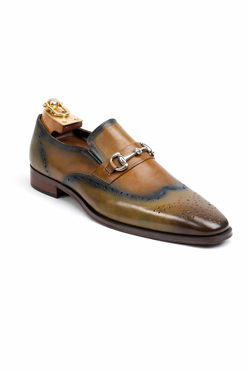 Mens Wholecut Two Tone Leather Wingtip Loafer Dress Shoes in Blue & Tan