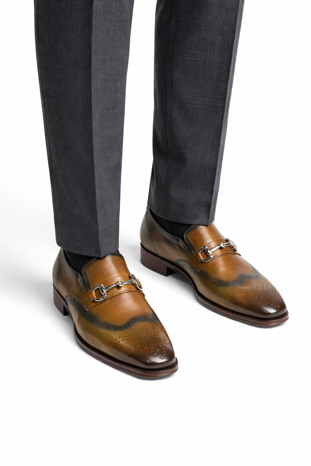 Mens Wholecut Two Tone Leather Wingtip Loafer Dress Shoes in Blue & Tan