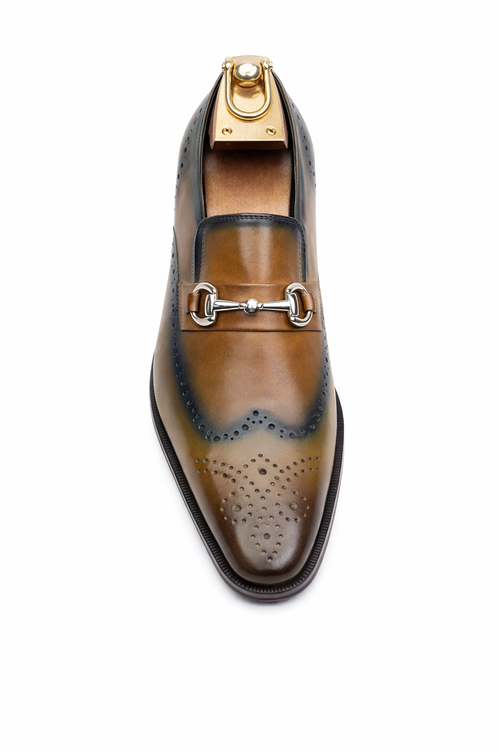 Mens Wholecut Two Tone Leather Wingtip Loafer Dress Shoes in Blue & Tan