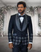 The Statement mens 3 piece modern fit tuxedo features a black fabric base with embellished rhinestones arranged in a structured pattern. The jacket has a shawl collar adorned with rhinestones, while the sides and lower front are similarly embellished.