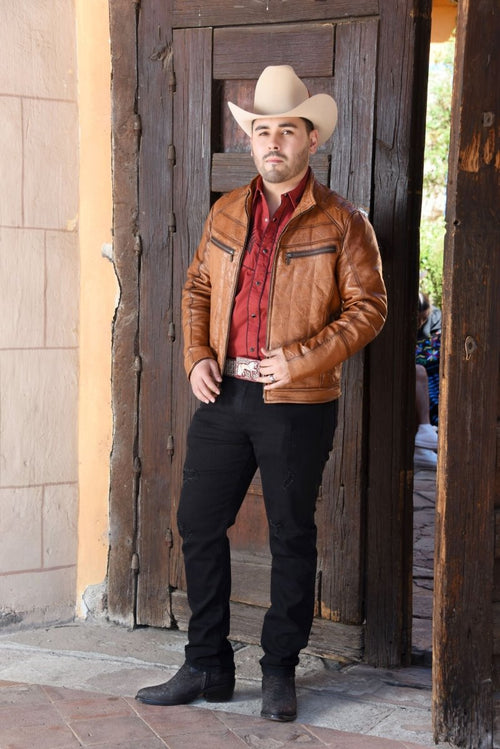 Men’s Honey Fine Leather Cowboy Denim Jacket