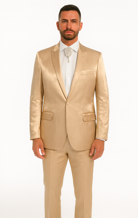 champagne wedding dress what color tuxedo Gray Groom's Suit With Champagne Accents