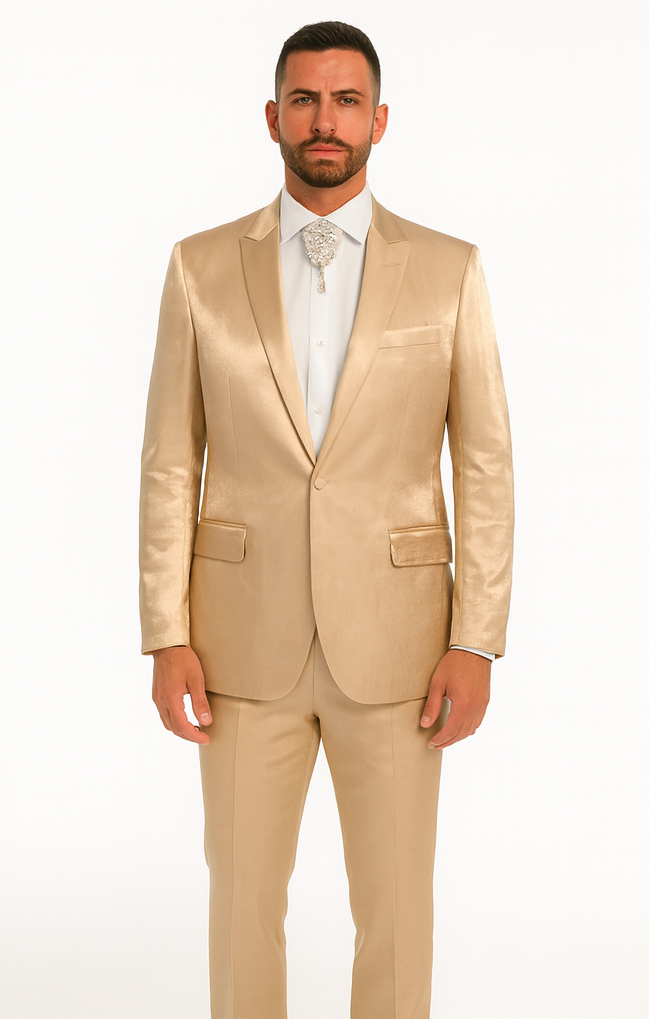 white christmas dresses Champagne Color Wedding Suit - Beigish Goldish Color Tuxedo - Rossi Satin  Silk Mettalic fabric