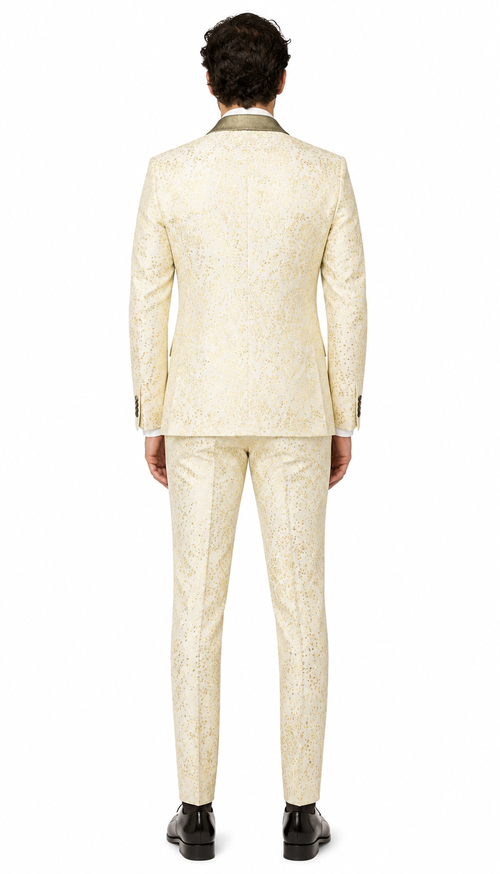 Champagne Gold Floral Tuxedo Suit for Men â€“ Two-Piece Wedding Tux with Bow Tie and Satin Lapel