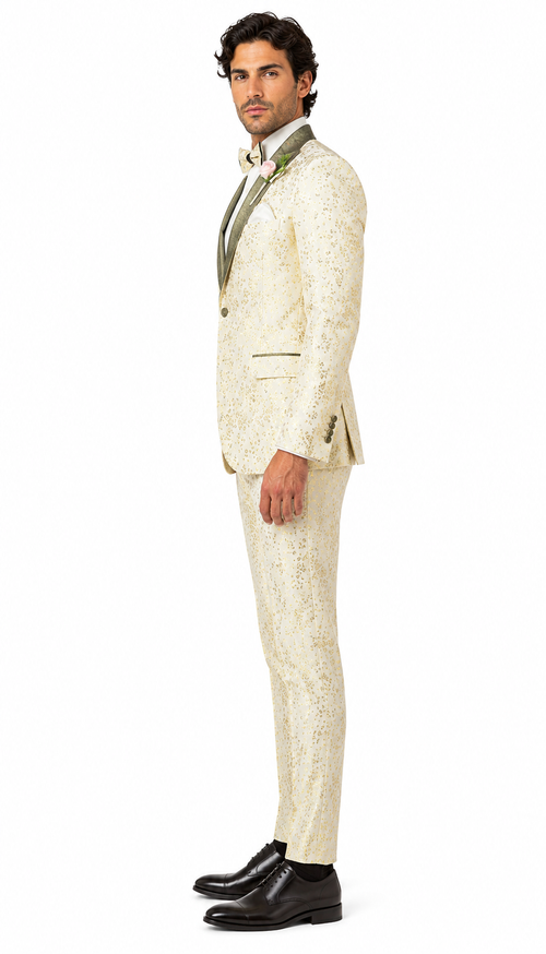 Champagne Gold Floral Tuxedo Suit for Men â€“ Two-Piece Wedding Tux with Bow Tie and Satin Lapel