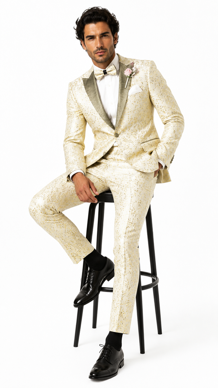 Champagne Gold Floral Tuxedo Suit for Men â€“ Two-Piece Wedding Tux with Bow Tie and Satin Lapel