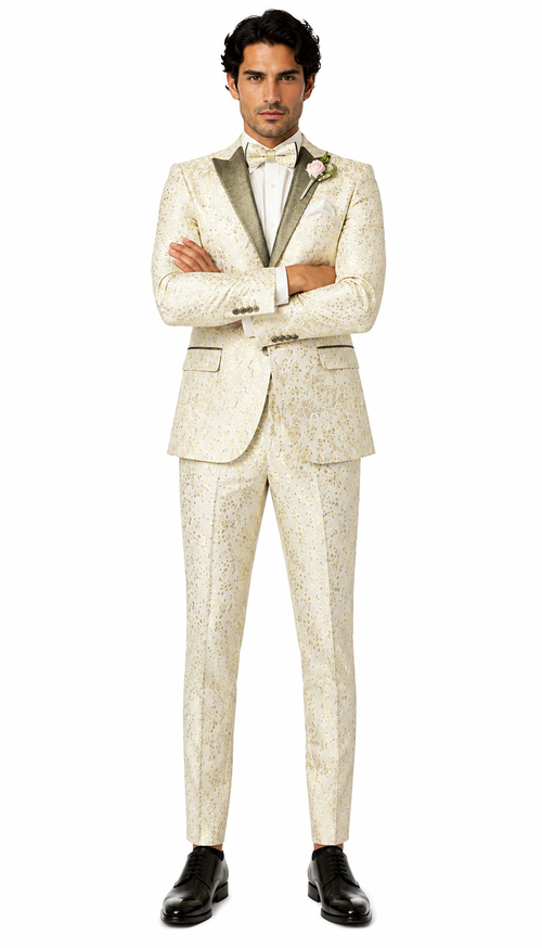 Champagne Gold Floral Tuxedo Suit for Men â€“ Two-Piece Wedding Tux with Bow Tie and Satin Lapel