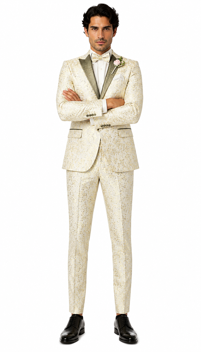 Champagne Gold Floral Tuxedo Suit for Men â€“ Two-Piece Wedding Tux with Bow Tie and Satin Lapel