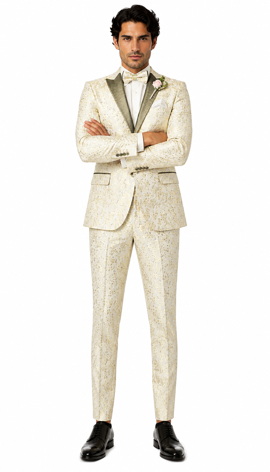 Champagne Gold Floral Tuxedo Suit for Men â€“ Two-Piece Wedding Tux with Bow Tie and Satin Lapel