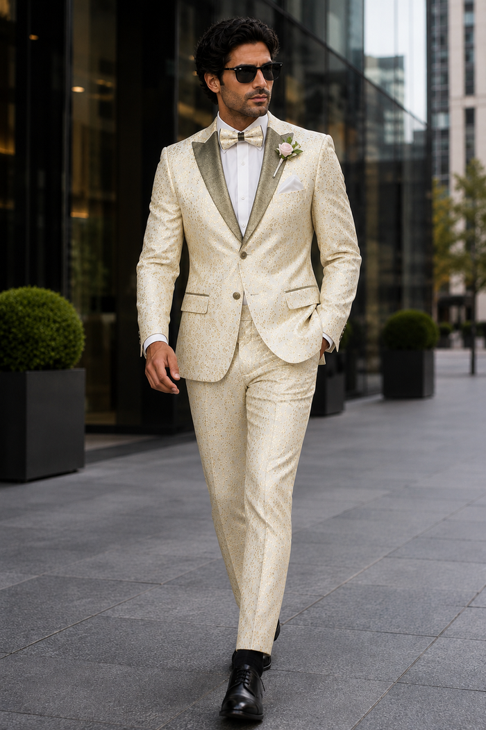 Champagne Gold Floral Tuxedo Suit for Men â€“ Two-Piece Wedding Tux with Bow Tie and Satin Lapel