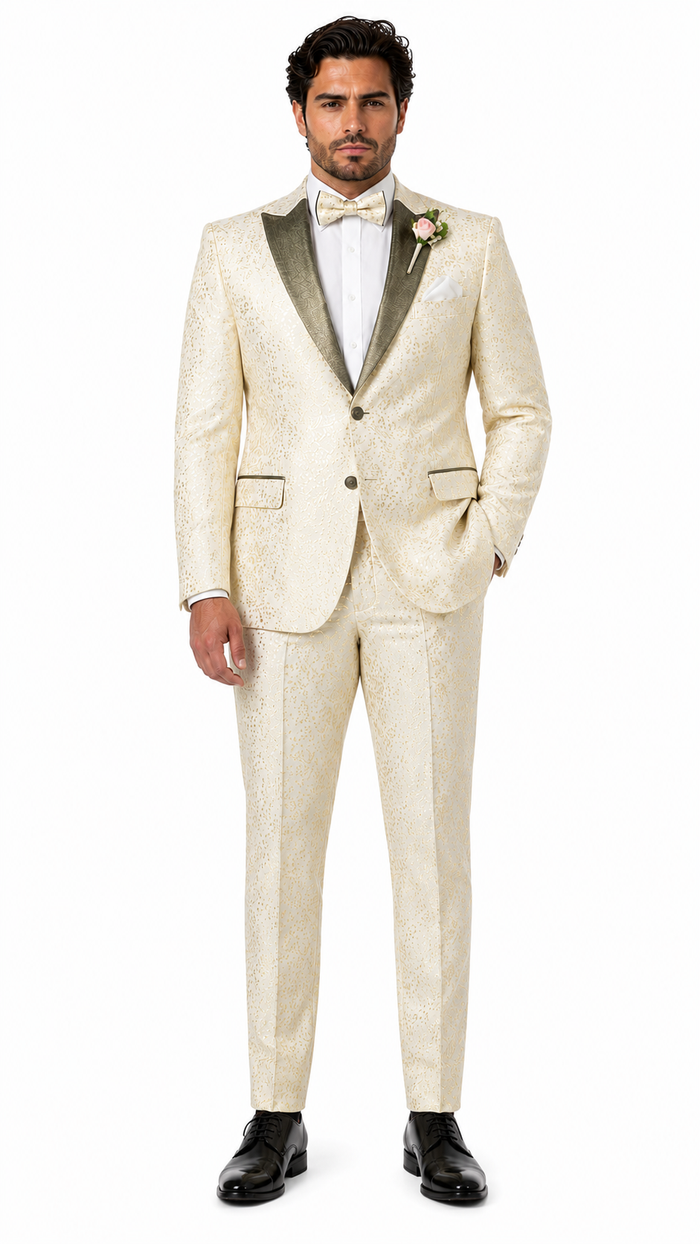 Champagne Gold Floral Tuxedo Suit for Men â€“ Two-Piece Wedding Tux with Bow Tie and Satin Lapel