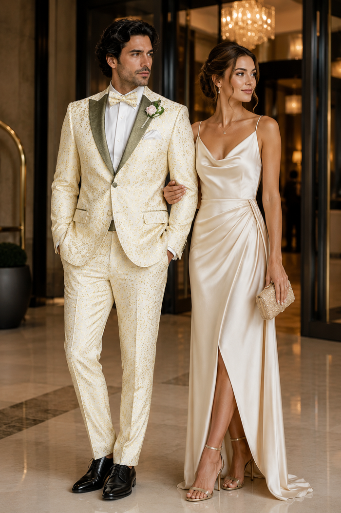 Champagne Gold Floral Tuxedo Suit for Men â€“ Two-Piece Wedding Tux with Bow Tie and Satin Lapel