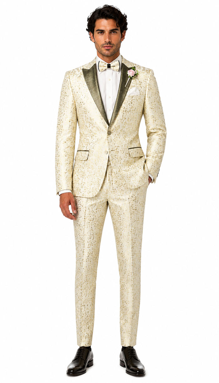 Champagne Gold Floral Tuxedo Suit for Men â€“ Two-Piece Wedding Tux with Bow Tie and Satin Lapel