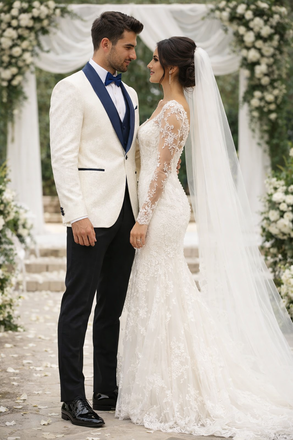 Modern White & Navy 3-Piece Tuxedo – Tailored-Fit Formalwear