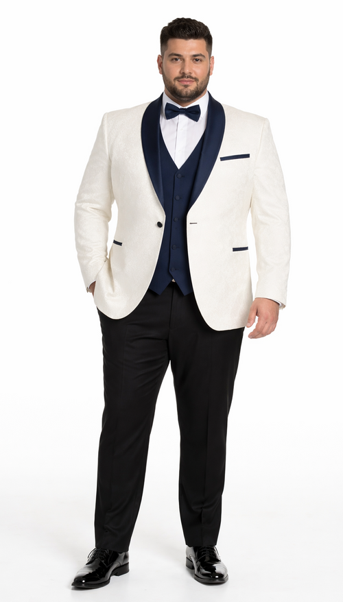 Modern three-piece tuxedo: white textured blazer w/ navy lapels, navy vest, black trousers. Navy bow tie completes the look.
