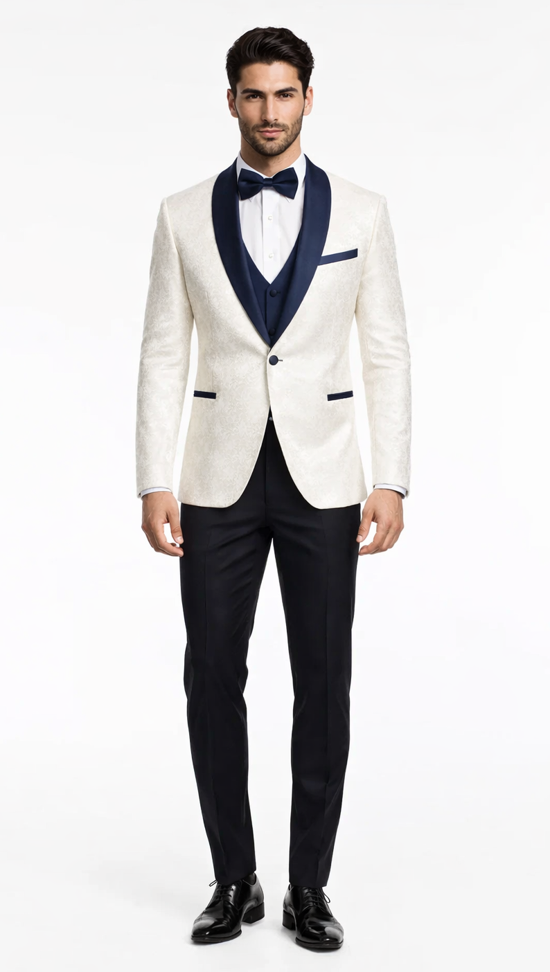 Modern White & Navy 3-Piece Tuxedo – Tailored-Fit Formalwear