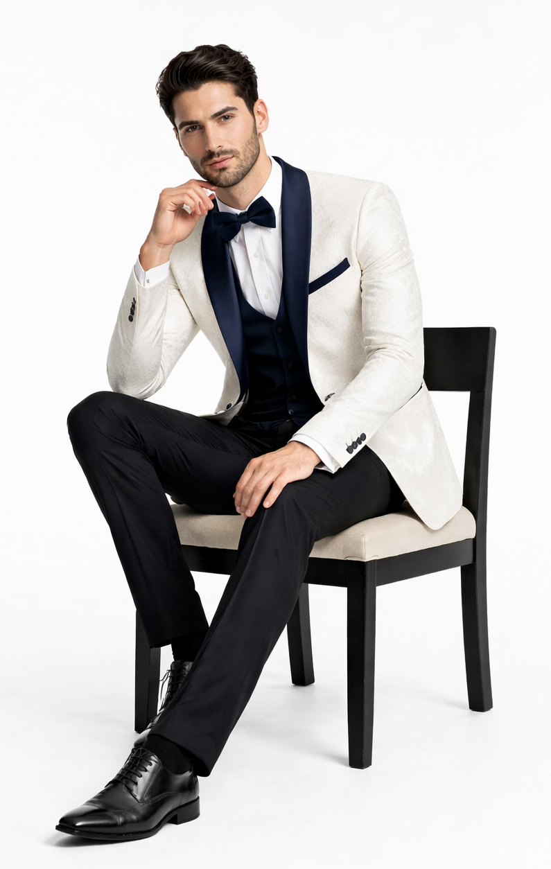 Modern White & Navy 3-Piece Tuxedo – Tailored-Fit Formalwear