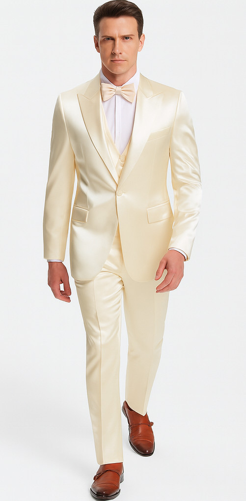 Tazzio men's champagne satin 3-piece suit. Slim fit with a double-breasted vest and peak lapel jacket. Features a smooth, glossy finish. Includes slim-fit trousers and a matching bow tie for a cohesive look.