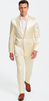 Champagne Satin 3 Piece Slim Fit Tazzio Men's Suit with Double Breasted Vest and Peak Lapel – Modern Design