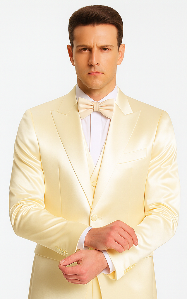 Champagne satin Tazzio 3-piece slim fit men's suit. Double-breasted vest, peak lapel, and matching bow tie. Light champagne color with a smooth, shiny finish.