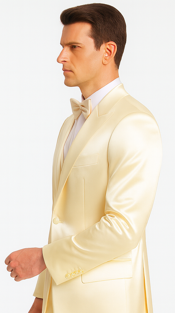 Champagne satin Tazzio men's 3-piece suit: slim fit, double-breasted vest, peak lapel. Features smooth, glossy fabric with structured shoulders and tailored sleeves. Includes single-breasted jacket.
