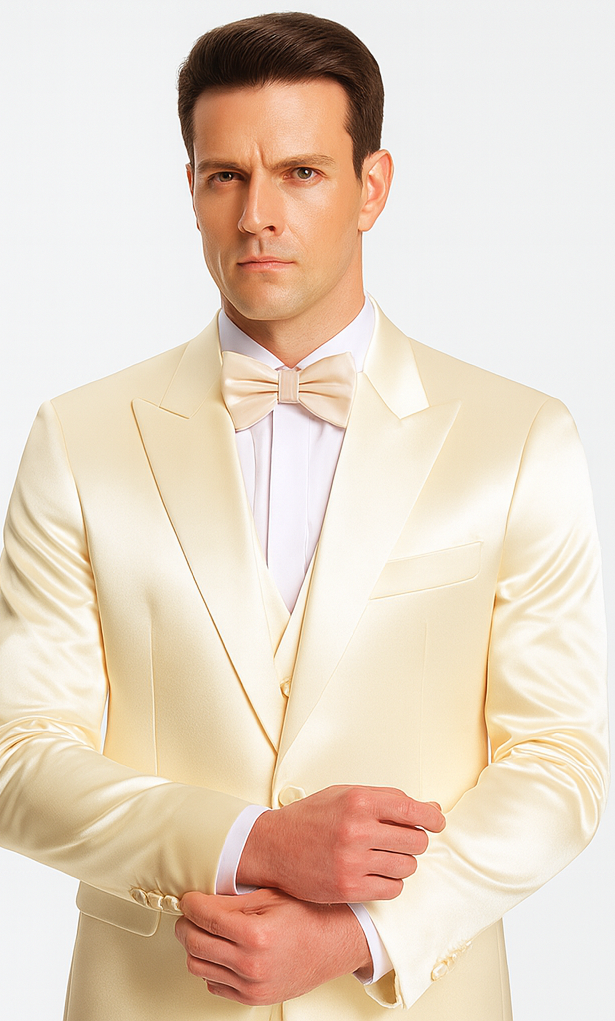 Champagne satin Tazzio 3-piece slim fit suit. Double-breasted vest, peak lapel, and tailored trousers. Light champagne hue with a smooth, elegant sheen. Fitted blazer.