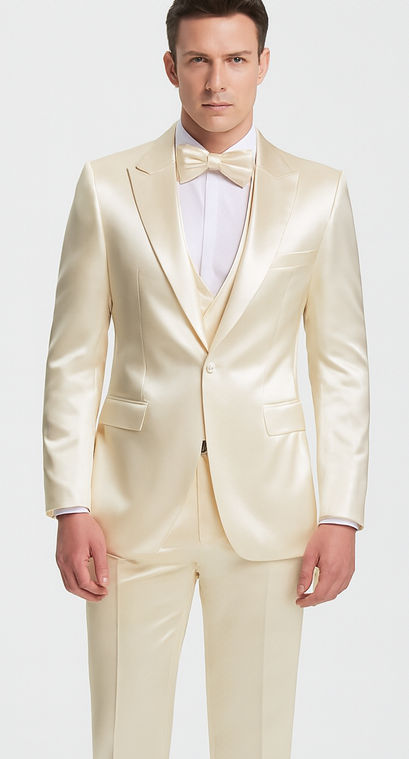 Champagne satin slim-fit men's suit: double-breasted vest, peak lapel, single-button jacket. Features glossy finish, two front pockets, and tailored trousers. Light champagne color.

