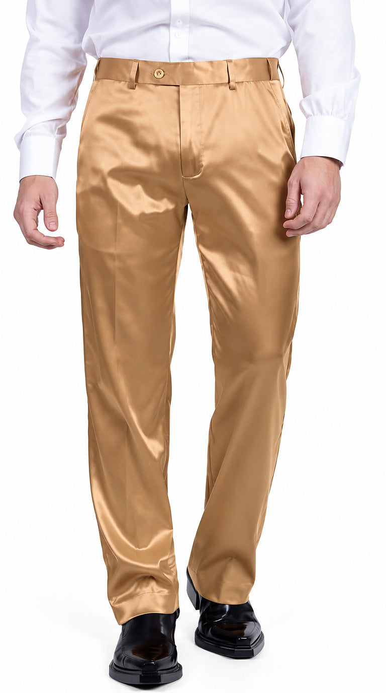 Mens Shiny Stretch Pants Solid Color Slim Fit Sateen Flashy Metallic Slacks in Color "Tan"