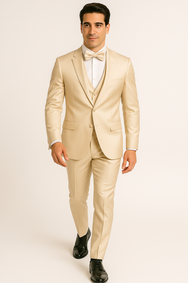 Alberto Nardoni's Champagne Majesty Tuxedo Set: jacket, vest, trousers, and bow tie. Smooth, satin-like fabric. Jacket: single-button, notch lapel. Trousers: flat front, slim fit. Elegant and formal.
