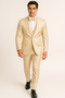 Alberto Nardoni's Champagne Majesty Tuxedo Set: jacket, vest, trousers, and bow tie. Smooth, satin-like fabric. Jacket: single-button, notch lapel. Trousers: flat front, slim fit. Elegant and formal.
