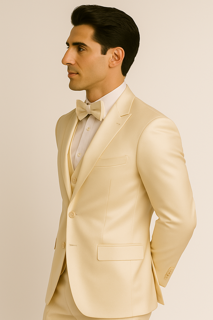 Champagne Majesty tuxedo set: four-piece, satin-like material. Includes jacket, trousers, bow tie, and white shirt, with visible waistcoat. Single-breasted jacket, shawl collar, tailored fit.
