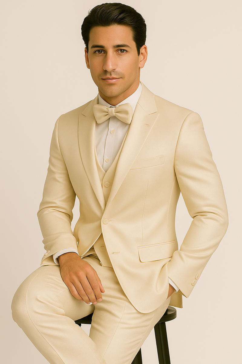 Alberto Nardoni's champagne tuxedo: Fitted, single-breasted satin blazer, matching waistcoat & trousers. Soft champagne color. Includes bow tie & dress shirt. Classic formal style with notched lapel & pocket detailing.
