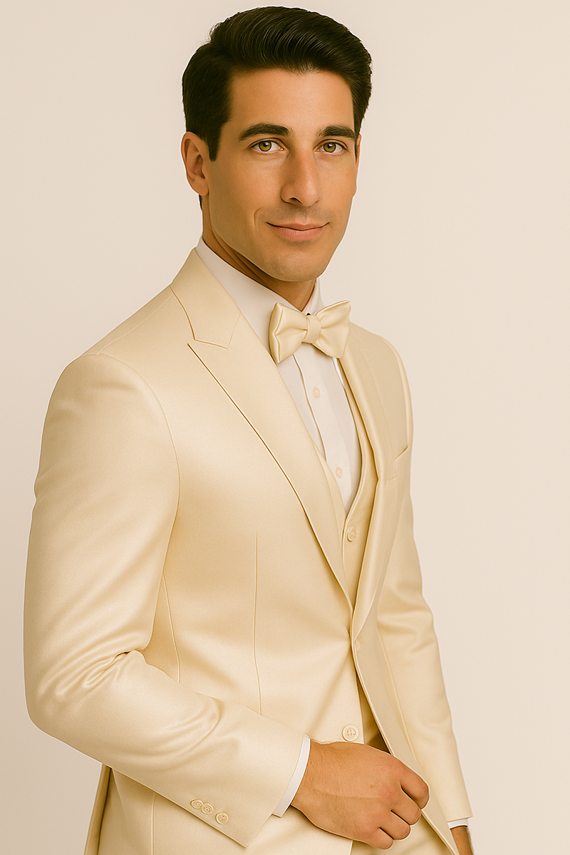 Champagne tuxedo set: fitted jacket (satin finish, peak lapels, single-button), matching vest & bow tie. Lightweight fabric with subtle sheen. Worn over white shirt, tailored & structured, creating a formal look.
