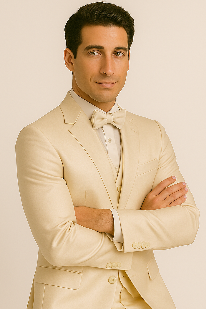 Champagne Majesty tuxedo set: Four-piece formal design (jacket, vest, shirt, bow tie). Light champagne color, smooth fabric, structured silhouette. Classic shirt collar, single breast pocket. Elegant and tailored appearance.

