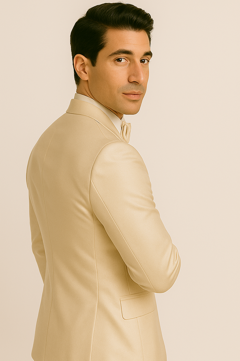 Champagne Majesty tuxedo: sleek, form-fitting design with satin-like finish. Features a structured jacket with notch lapels, single-button closure, and matching tailored trousers. Includes a champagne bow tie for a coordinated formal look.

