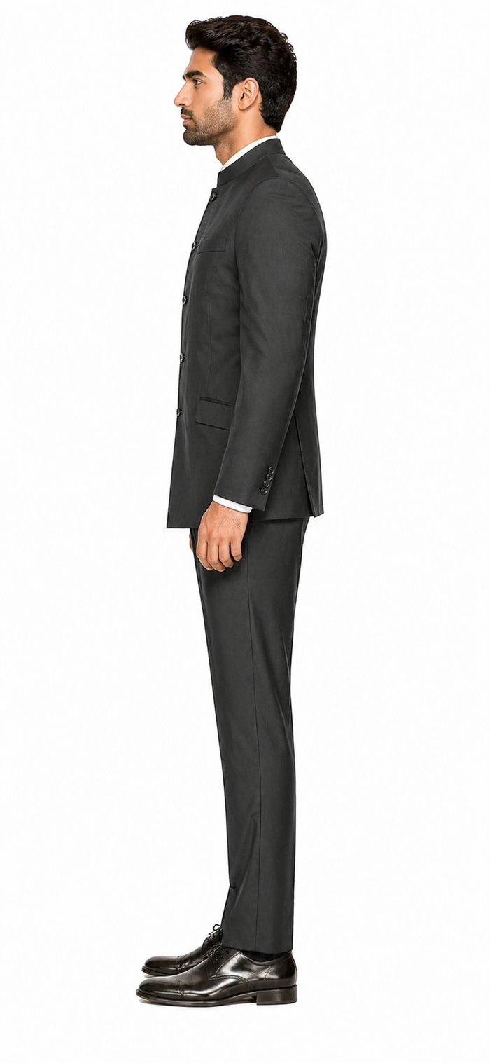 Charcoal Grey Indian Suit Color Banded Collar Suit - Chines Collar in Color Gray 5 Buttons Style