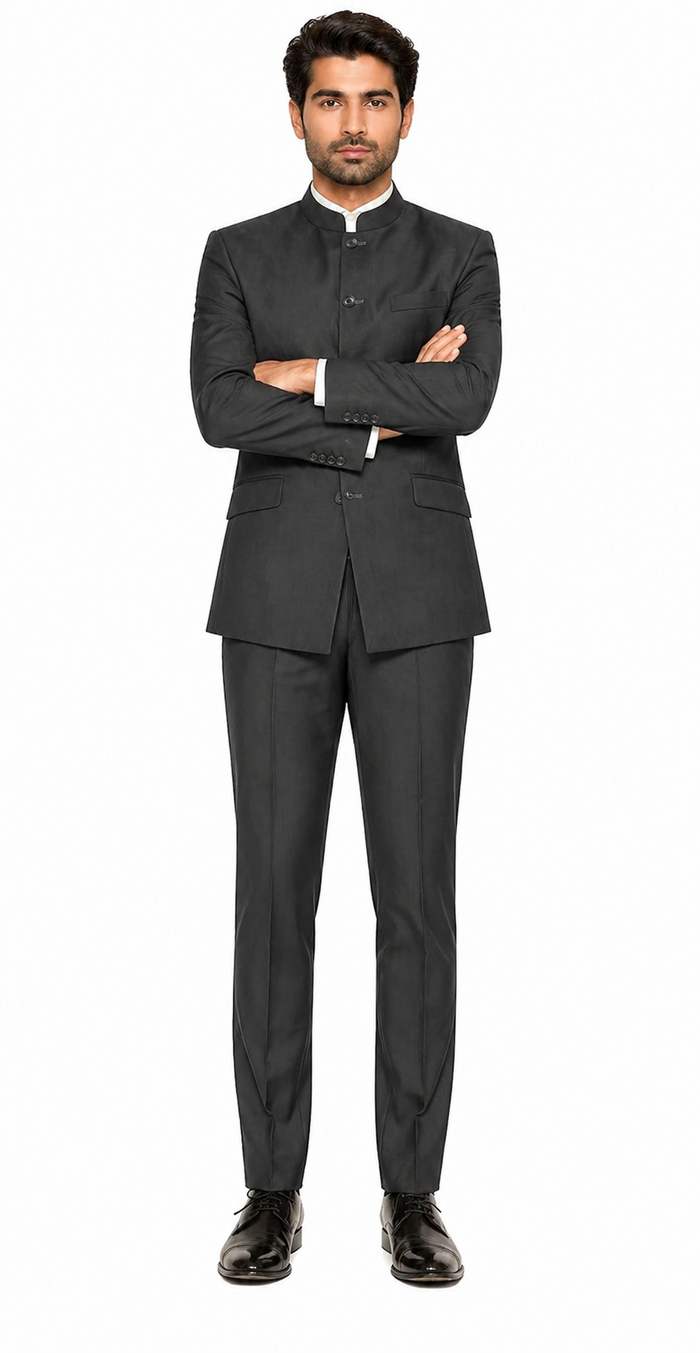 Charcoal Grey Indian Suit Color Banded Collar Suit - Chines Collar in Color Gray 5 Buttons Style