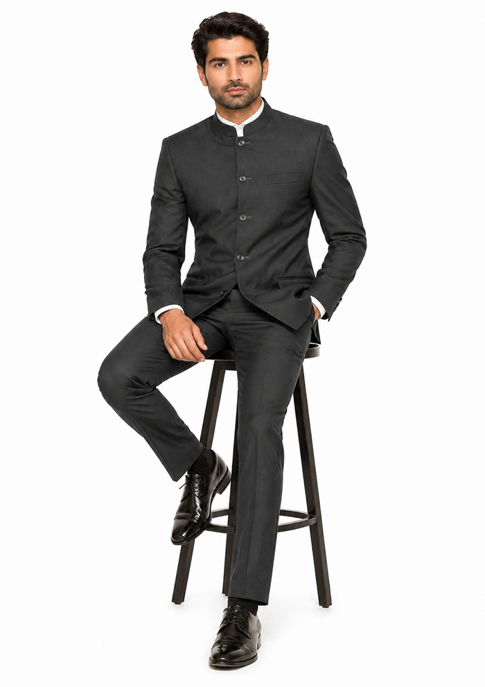 Charcoal Grey Indian Suit Color Banded Collar Suit - Chines Collar in Color Gray 5 Buttons Style