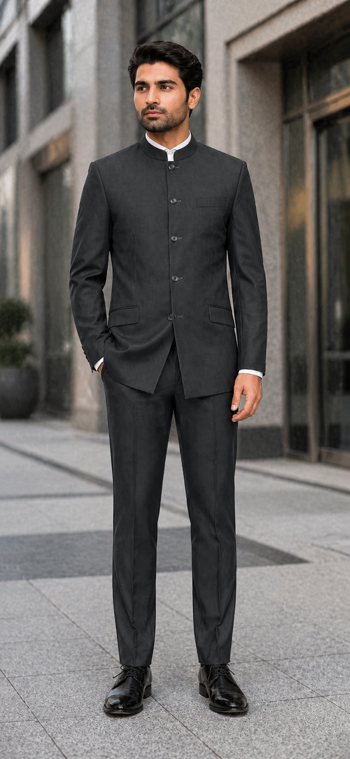 Charcoal Grey Indian Suit Color Banded Collar Suit - Chines Collar in Color Gray 5 Buttons Style