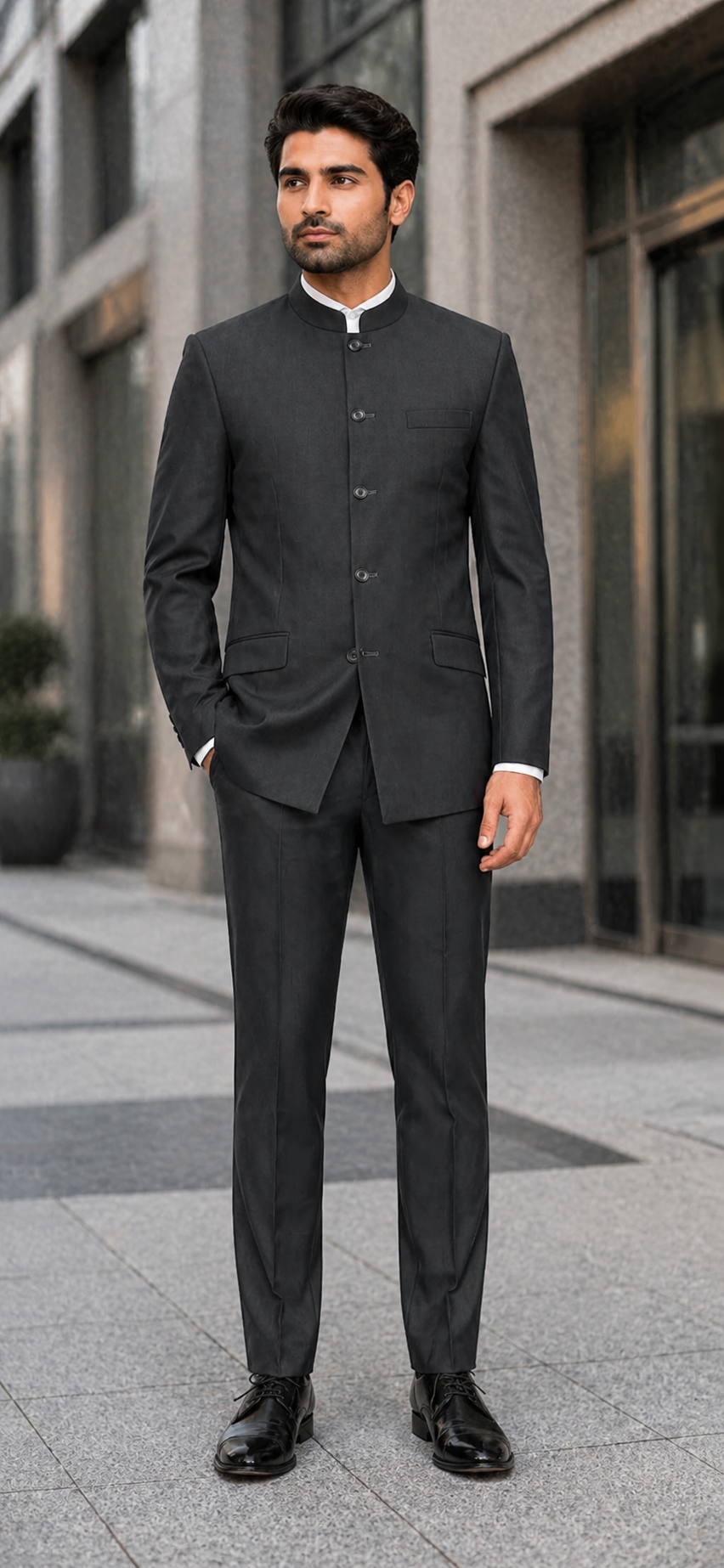 Charcoal Grey Indian Suit Color Banded Collar Suit - Chines Collar in Color Gray 5 Buttons Style