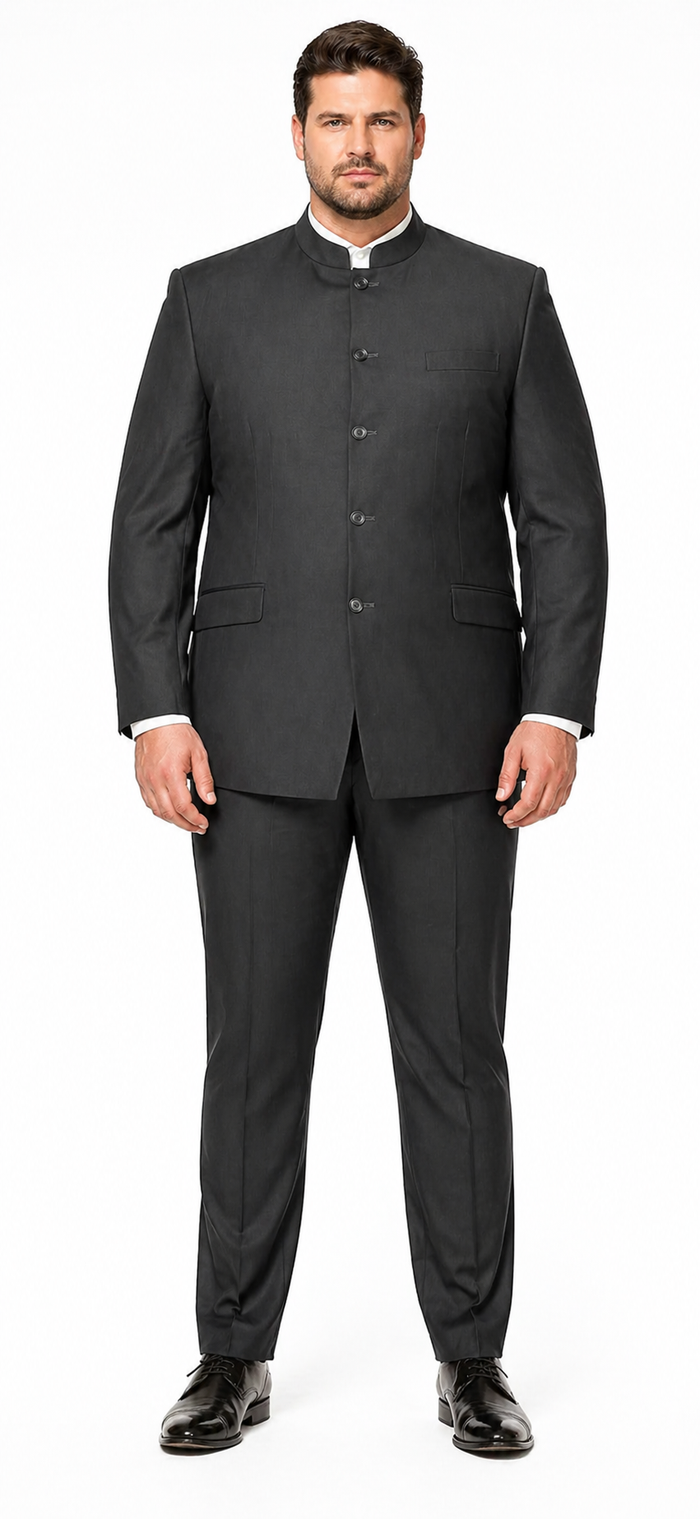Charcoal Grey Indian Suit Color Banded Collar Suit - Chines Collar in Color Gray 5 Buttons Style