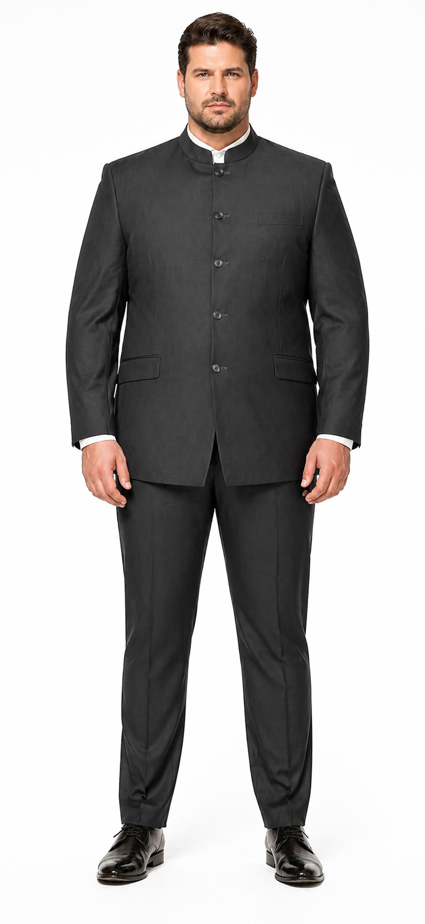 Charcoal Grey Indian Suit Color Banded Collar Suit - Chines Collar in Color Gray 5 Buttons Style