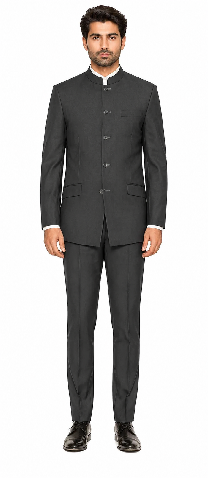 Charcoal Grey Indian Suit Color Banded Collar Suit - Chines Collar in Color Gray 5 Buttons Style
